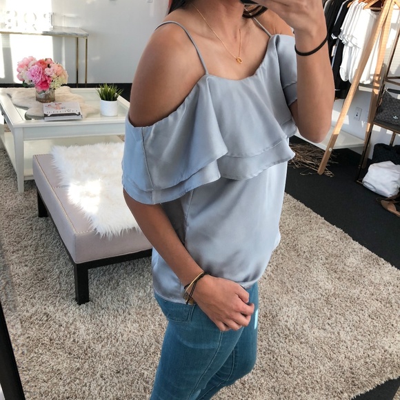 🔵ELAINE Silver Satin Ruffled Cold Shoulder Top - Picture 8 of 8